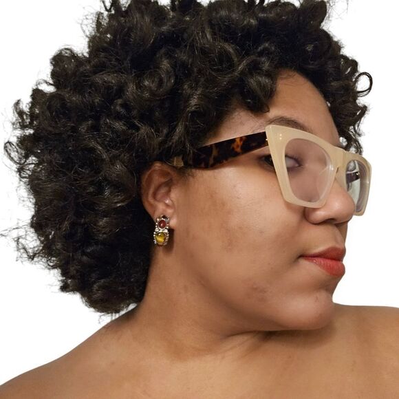 Vintage R.J. Graziano Silver Metal Tiger Eye & Turquoise Half Hoop Clip-On Earri - Picture 1 of 9